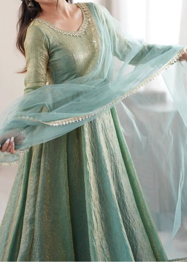 Crush Silk Heavy Flare Anarkali Suit Set With Mirror Work detailing