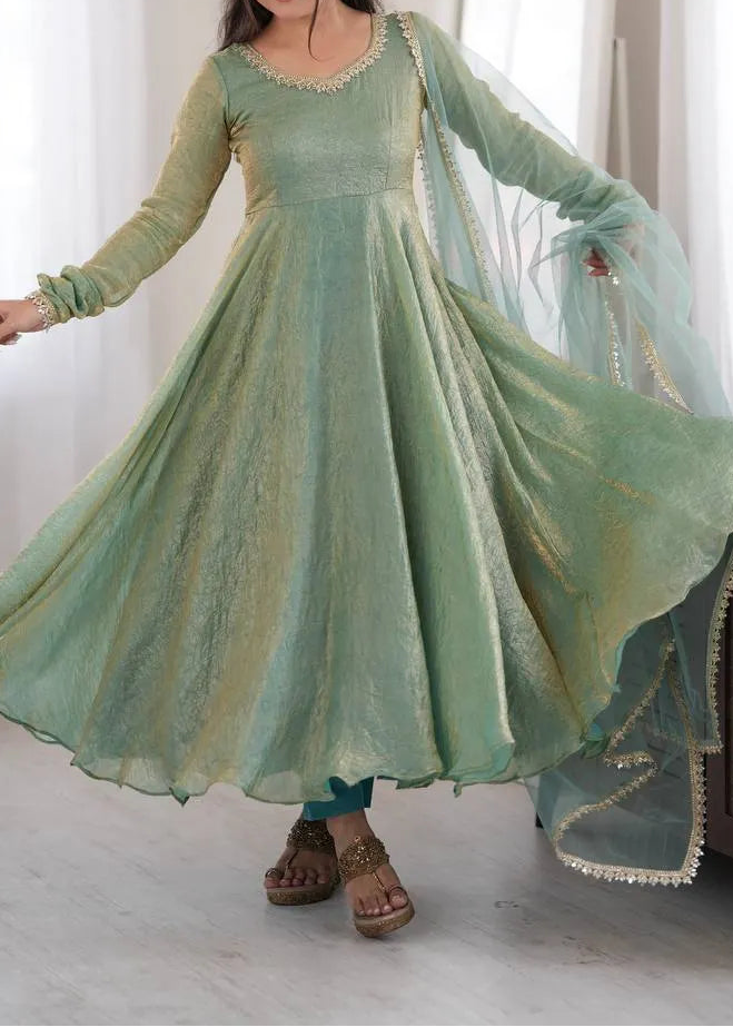 Crush Silk Heavy Flare Anarkali Suit Set With Mirror Work detailing
