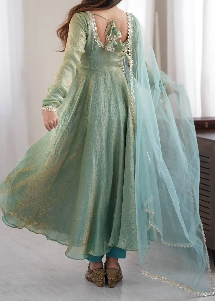 Crush Silk Heavy Flare Anarkali Suit Set With Mirror Work detailing