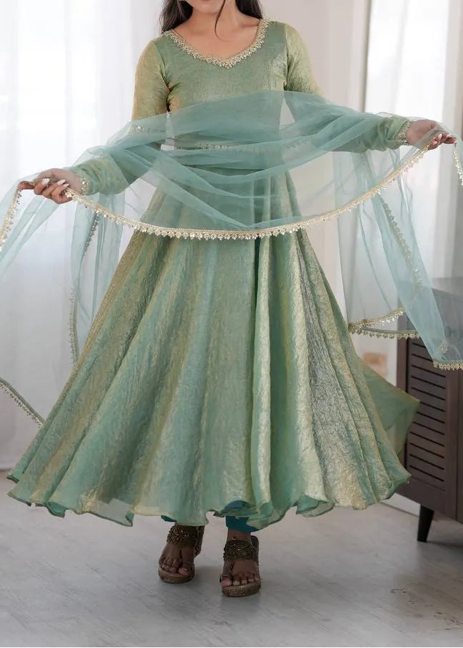 Crush Silk Heavy Flare Anarkali Suit Set With Mirror Work detailing