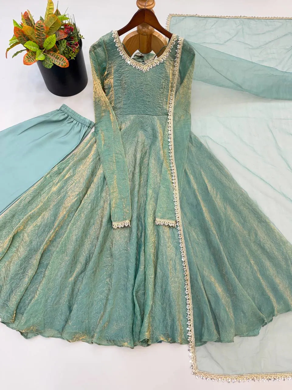 Crush Silk Heavy Flare Anarkali Suit Set With Mirror Work detailing