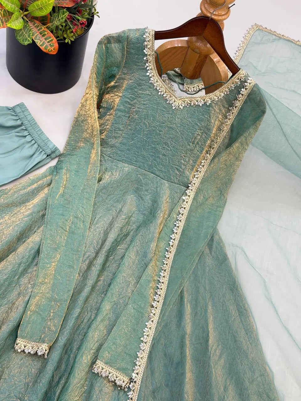 Crush Silk Heavy Flare Anarkali Suit Set With Mirror Work detailing