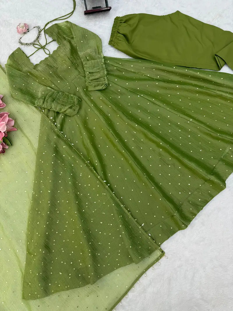 Designer Salsa Silk Foil Work Party Wear Anarkali Set