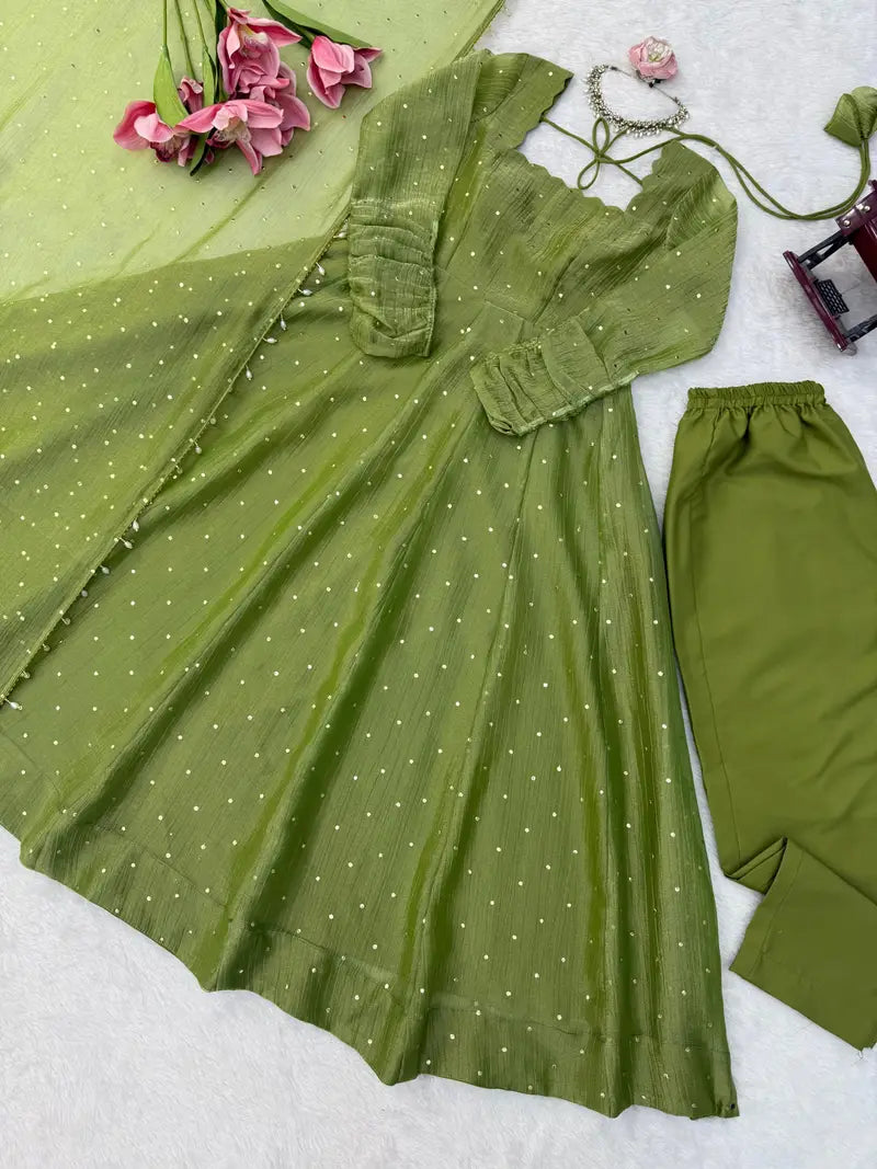 Designer Salsa Silk Foil Work Party Wear Anarkali Set