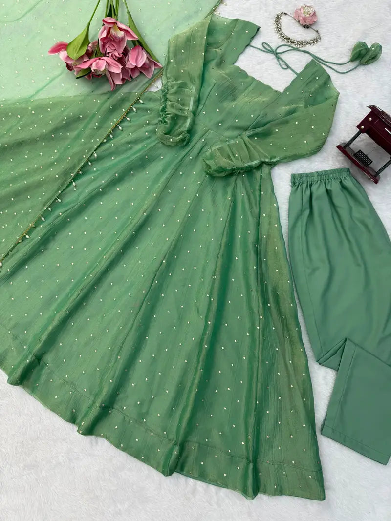 Designer Salsa Silk Foil Work Party Wear Anarkali Set