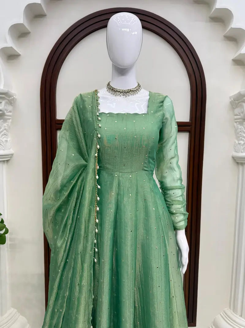 Designer Salsa Silk Foil Work Party Wear Anarkali Set