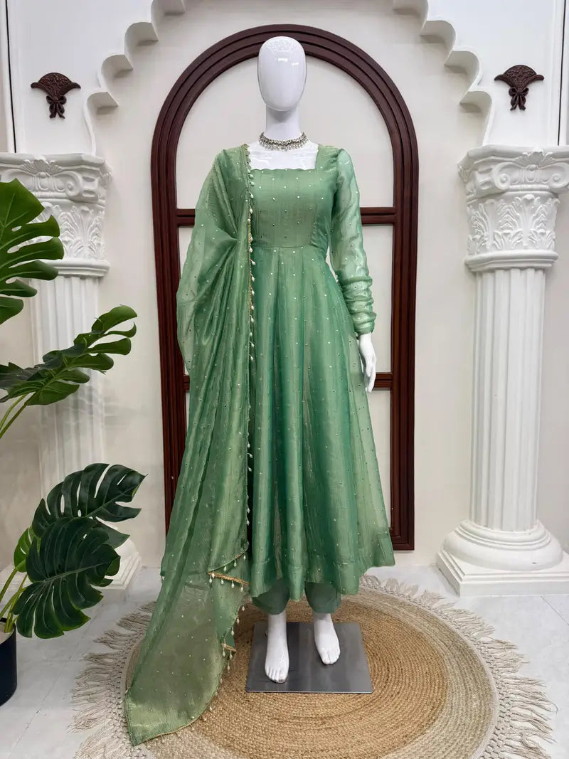 Designer Salsa Silk Foil Work Party Wear Anarkali Set