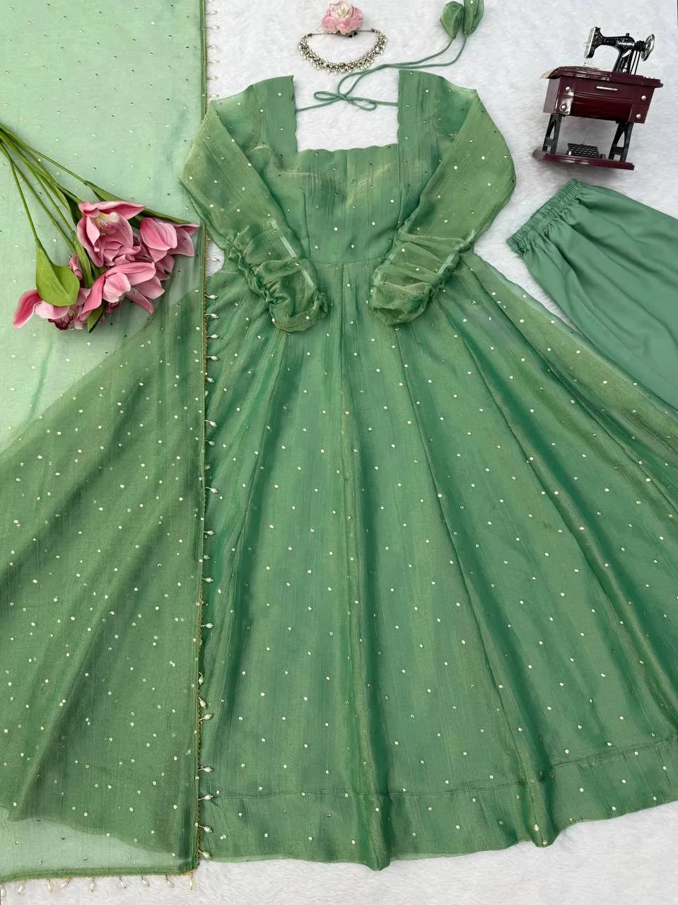 Designer Salsa Silk Foil Work Party Wear Anarkali Set