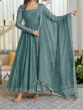 Designer Salsa Silk Foil Work Party Wear Anarkali Set