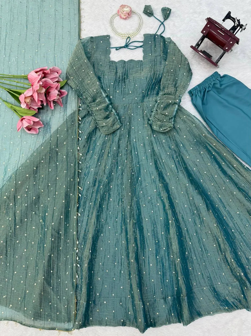Designer Salsa Silk Foil Work Party Wear Anarkali Set
