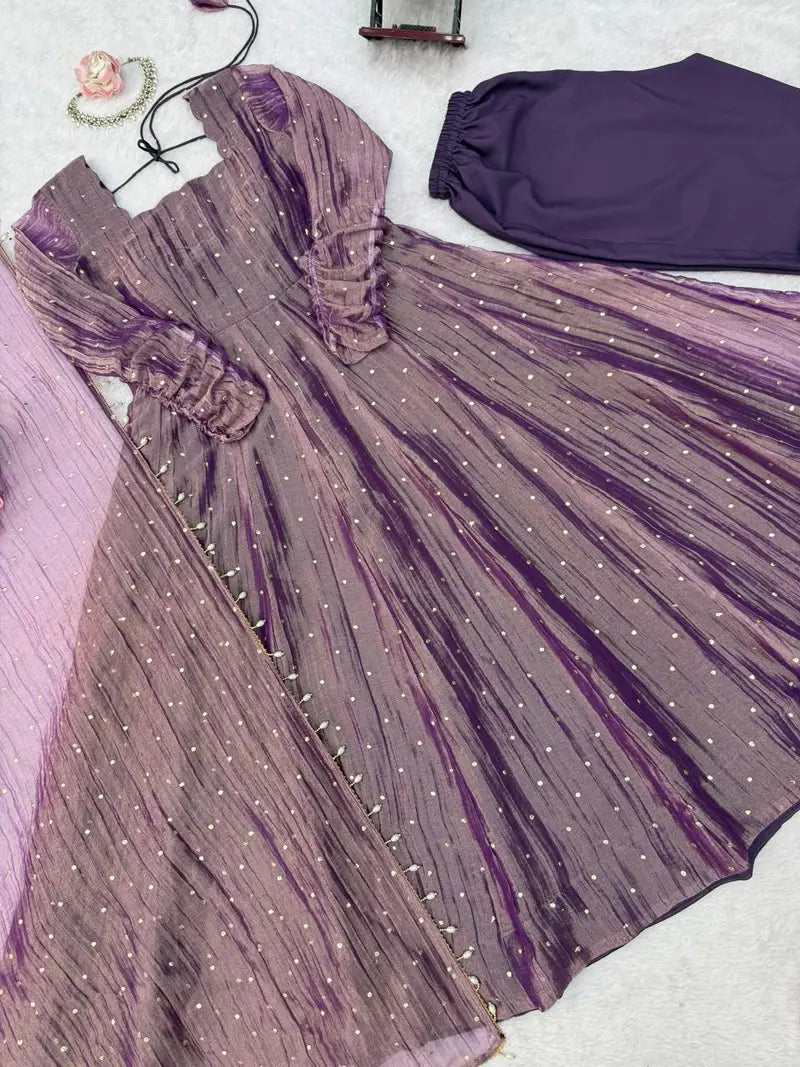 Designer Salsa Silk Foil Work Party Wear Anarkali Set