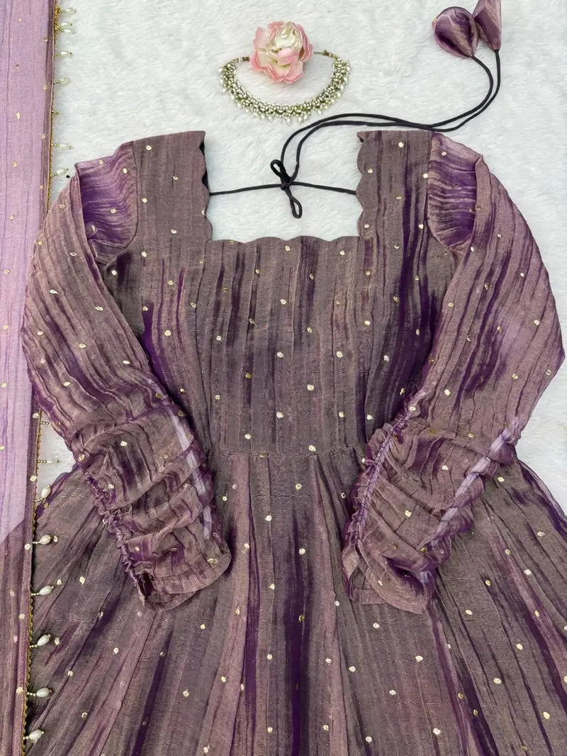 Designer Salsa Silk Foil Work Party Wear Anarkali Set