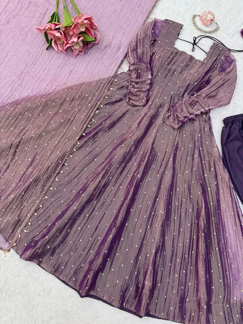 Designer Salsa Silk Foil Work Party Wear Anarkali Set