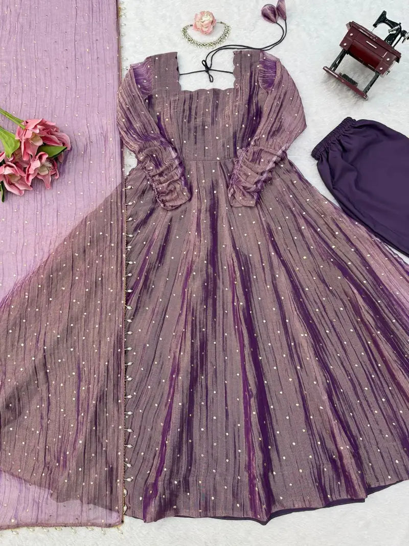 Designer Salsa Silk Foil Work Party Wear Anarkali Set