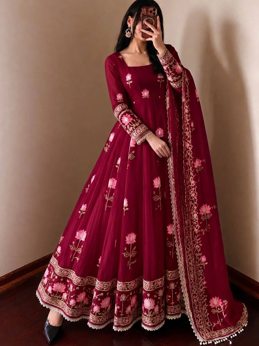 Festive Wear Fendy Silk Heavy Sequin Embroidery Work Anarkali Set
