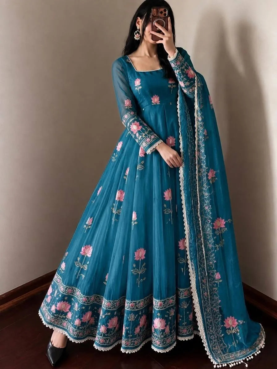 Festive Wear Fendy Silk Heavy Sequin Embroidery Work Anarkali Set