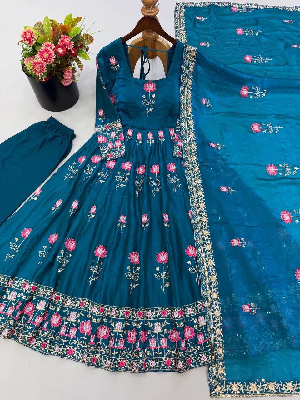 Festive Wear Fendy Silk Heavy Sequin Embroidery Work Anarkali Set