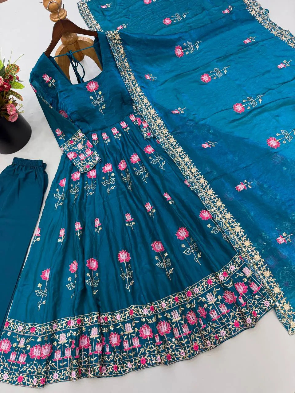 Festive Wear Fendy Silk Heavy Sequin Embroidery Work Anarkali Set
