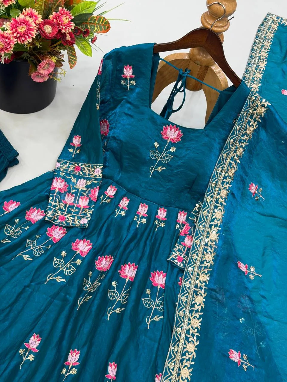 Festive Wear Fendy Silk Heavy Sequin Embroidery Work Anarkali Set