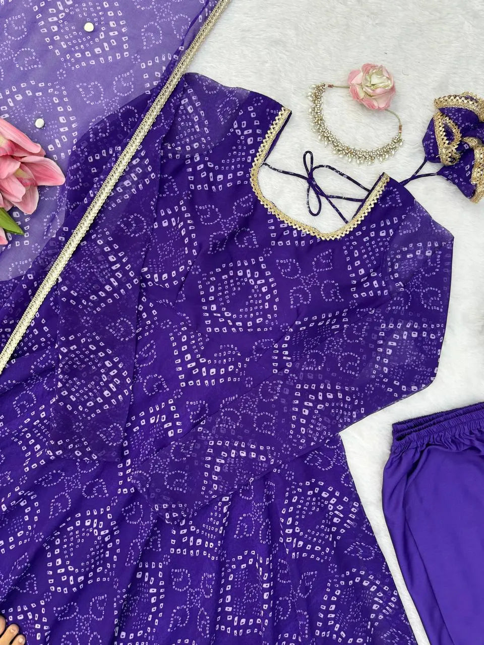 Designer Bandhni Digital Print Faux Georgette Anarkali Suit Set