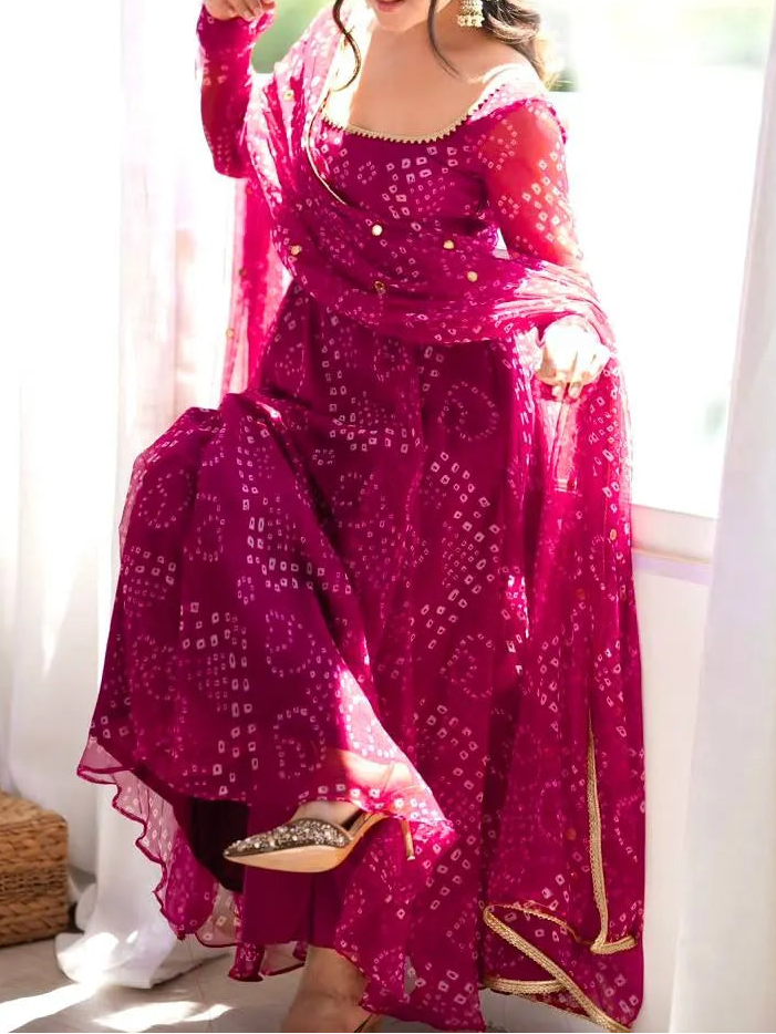 Designer Bandhni Digital Print Faux Georgette Anarkali Suit Set