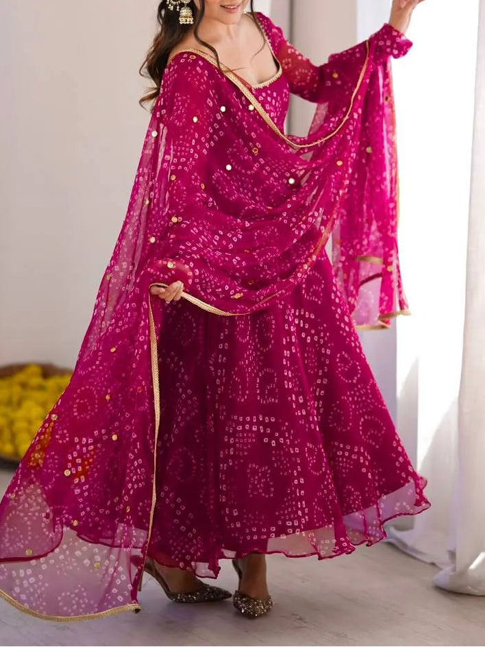 Designer Bandhni Digital Print Faux Georgette Anarkali Suit Set
