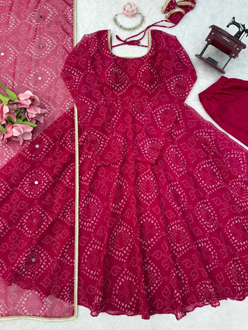 Designer Bandhni Digital Print Faux Georgette Anarkali Suit Set