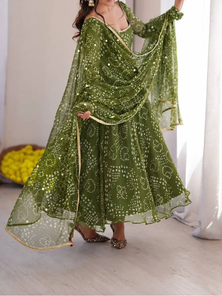 Designer Bandhni Digital Print Faux Georgette Anarkali Suit Set