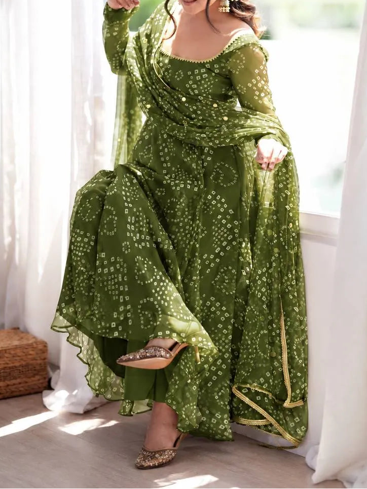 Designer Bandhni Digital Print Faux Georgette Anarkali Suit Set