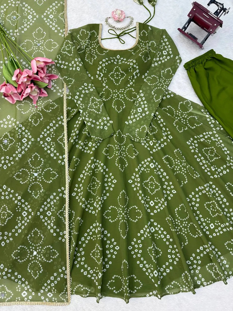 Designer Bandhni Digital Print Faux Georgette Anarkali Suit Set