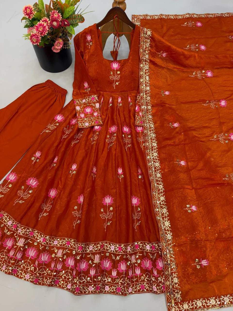 Festive Wear Fendy Silk Heavy Sequin Embroidery Work Anarkali Set
