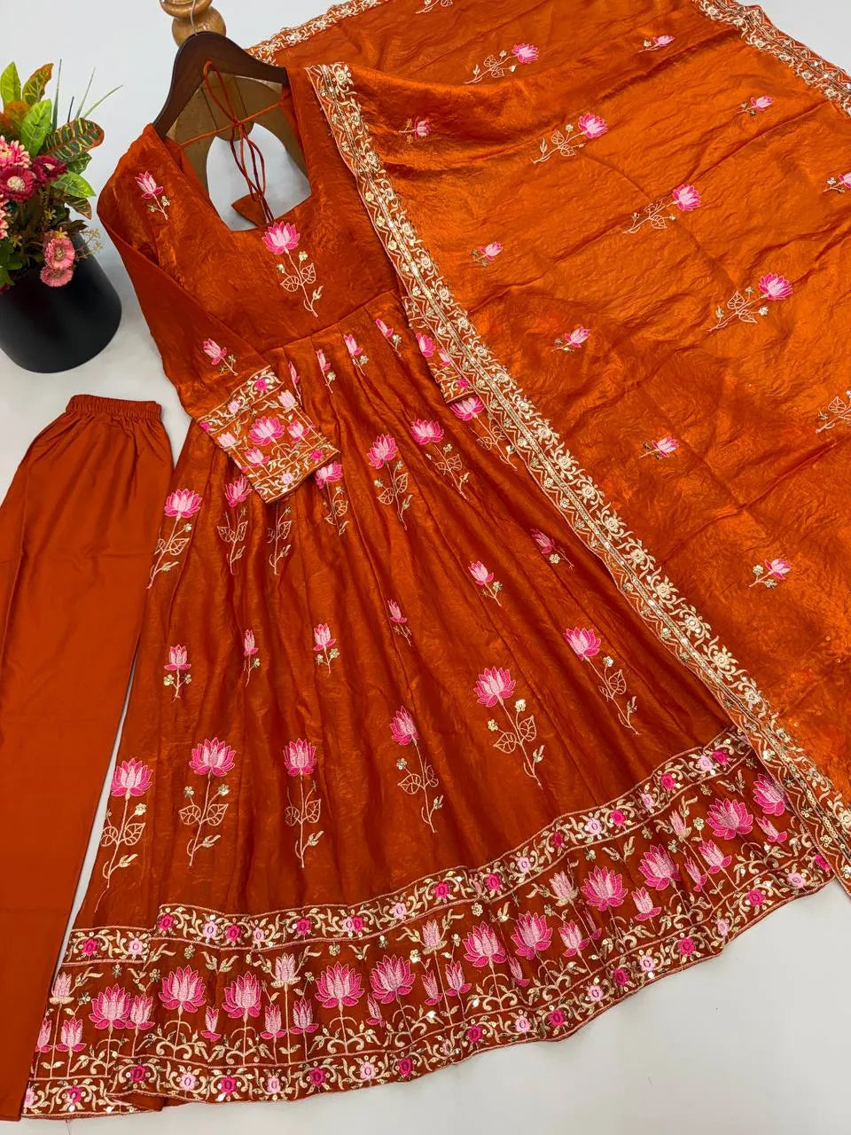 Festive Wear Fendy Silk Heavy Sequin Embroidery Work Anarkali Set