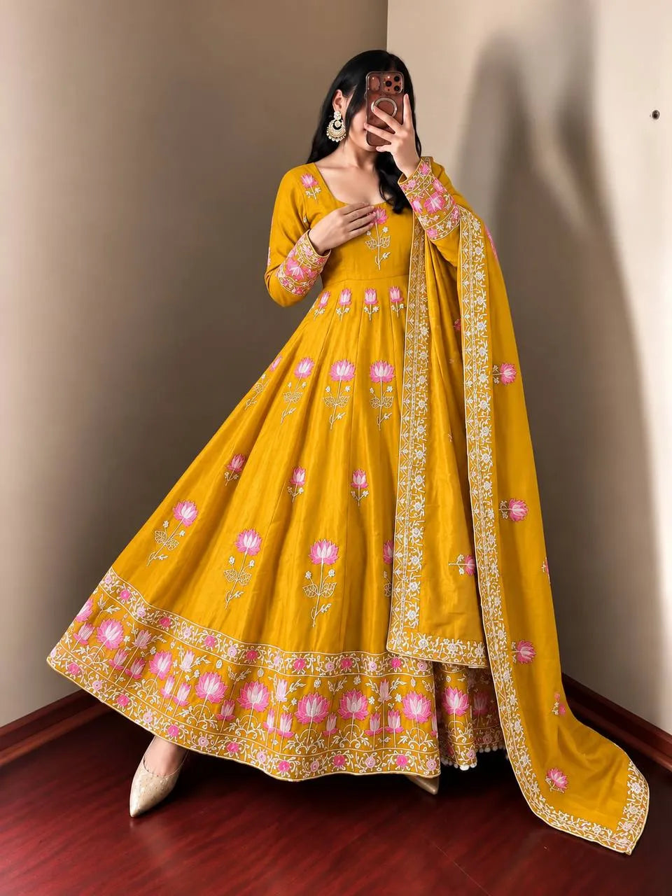 Festive Wear Fendy Silk Heavy Sequin Embroidery Work Anarkali Set