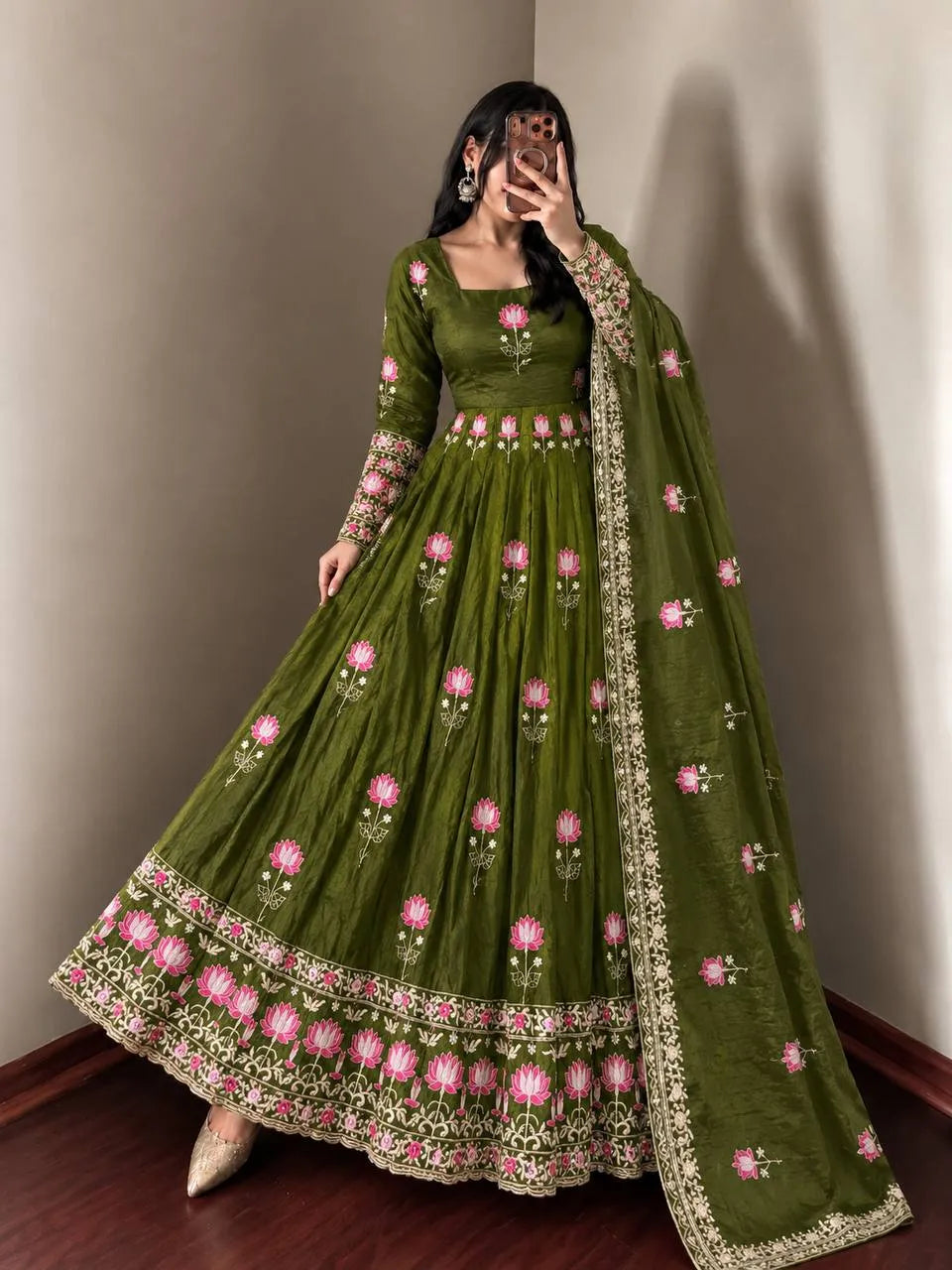Festive Wear Fendy Silk Heavy Sequin Embroidery Work Anarkali Set