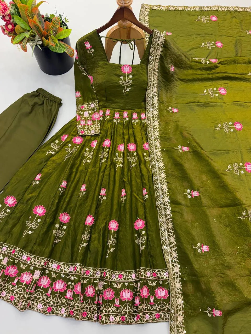 Festive Wear Fendy Silk Heavy Sequin Embroidery Work Anarkali Set