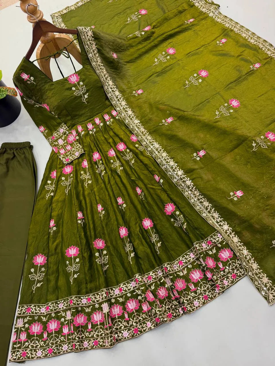 Festive Wear Fendy Silk Heavy Sequin Embroidery Work Anarkali Set
