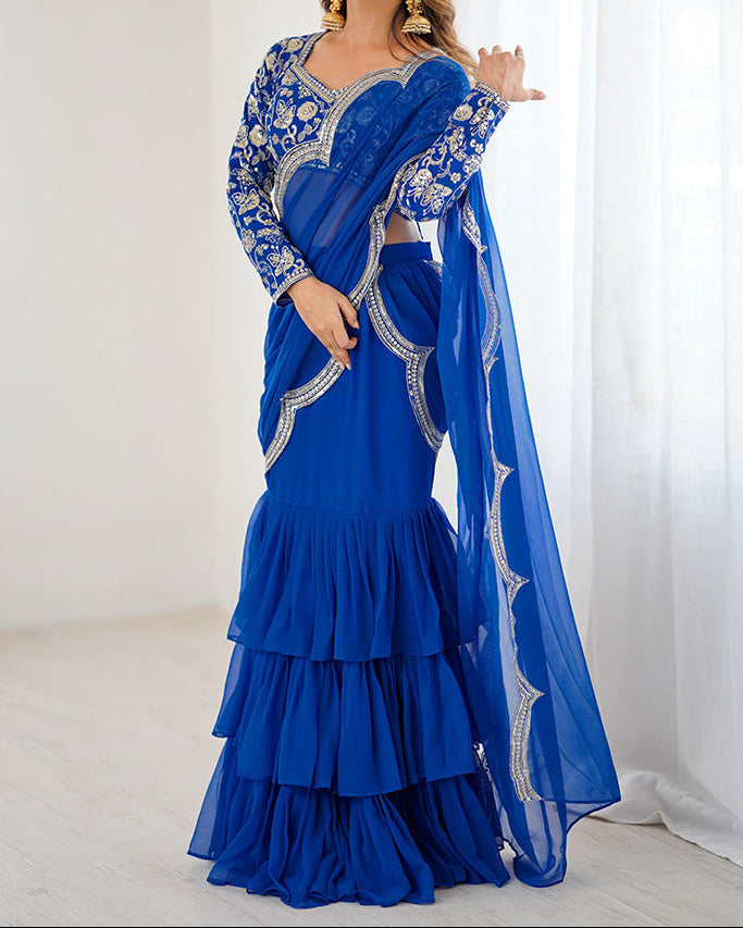 Viral Elegant Thread & Sequence Embroidery Ruffle Style Saree
