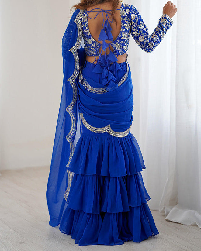 Viral Elegant Thread & Sequence Embroidery Ruffle Style Saree