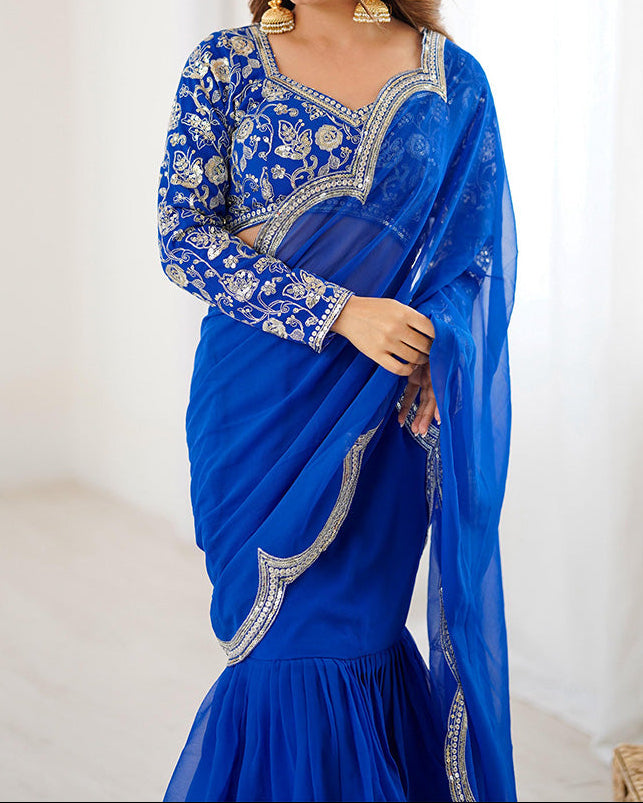 Viral Elegant Thread & Sequence Embroidery Ruffle Style Saree