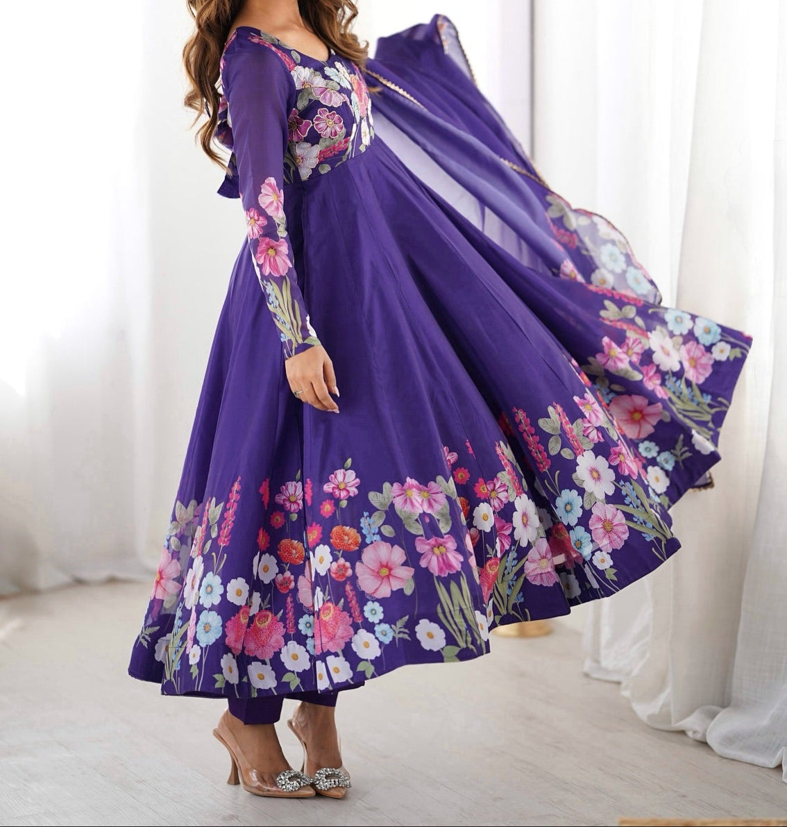 Flower Digital Print Organza Anarkali Suit