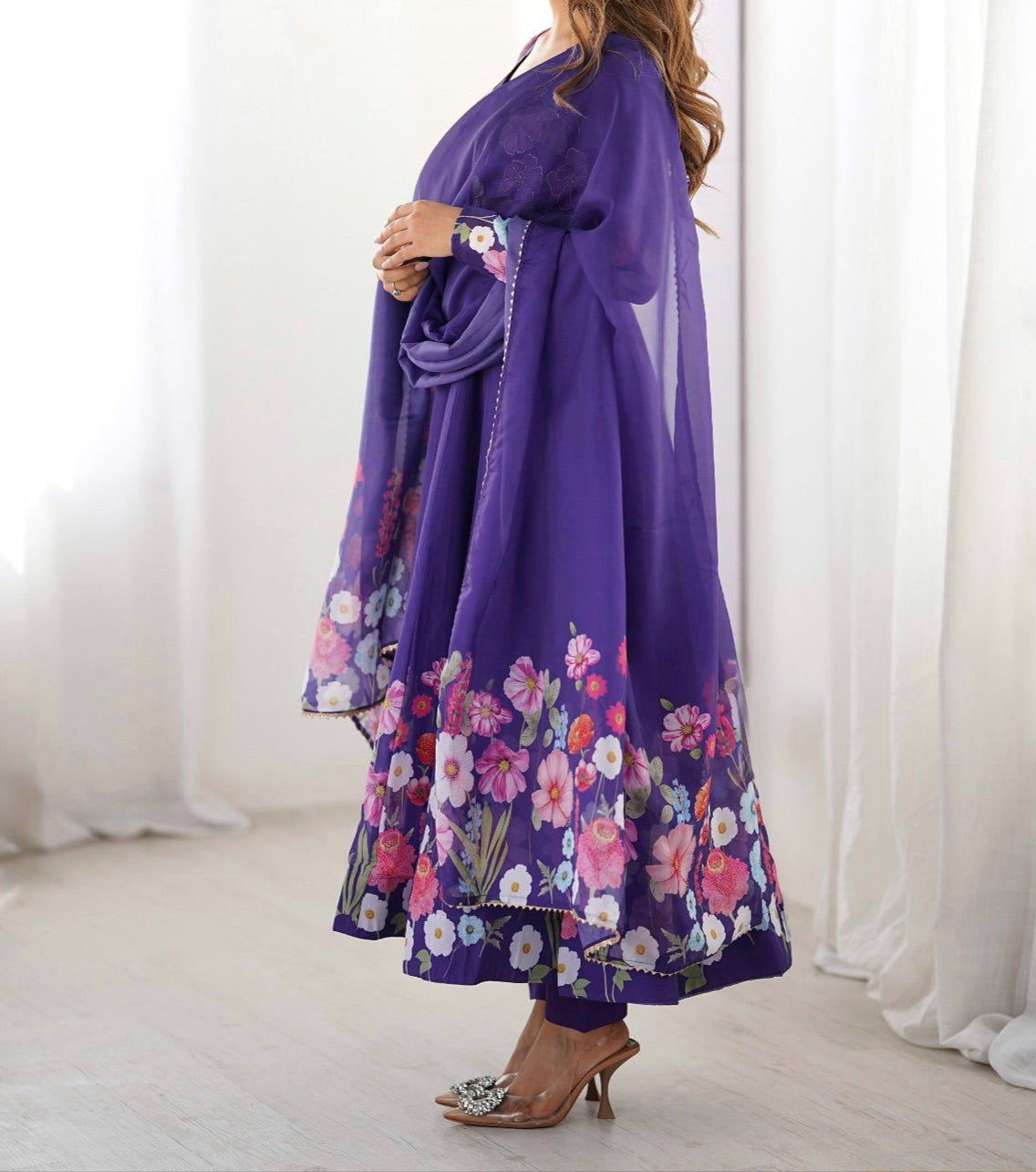 Flower Digital Print Organza Anarkali Suit