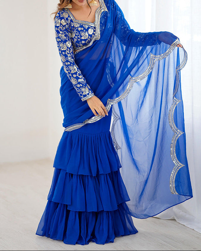 Viral Elegant Thread & Sequence Embroidery Ruffle Style Saree