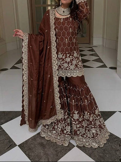 Wedding Waer  Heavy Embroidery Sequence Work with Real Mirror Hand Work Sharara Set