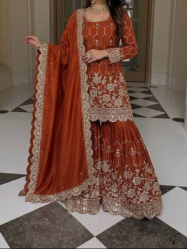 Wedding Waer  Heavy Embroidery Sequence Work with Real Mirror Hand Work Sharara Set