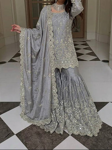Wedding Waer  Heavy Embroidery Sequence Work with Real Mirror Hand Work Sharara Set