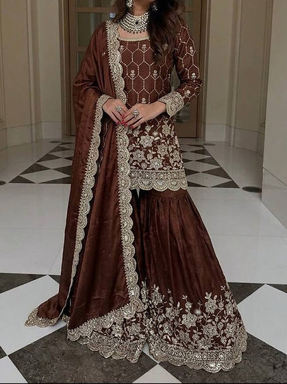 Wedding Waer  Heavy Embroidery Sequence Work with Real Mirror Hand Work Sharara Set