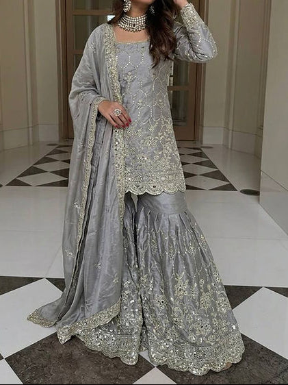 Wedding Waer  Heavy Embroidery Sequence Work with Real Mirror Hand Work Sharara Set