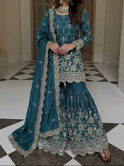 Wedding Waer  Heavy Embroidery Sequence Work with Real Mirror Hand Work Sharara Set