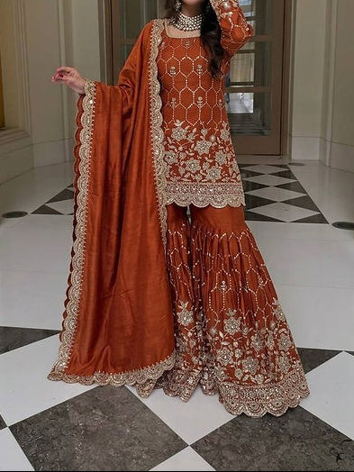 Wedding Waer  Heavy Embroidery Sequence Work with Real Mirror Hand Work Sharara Set