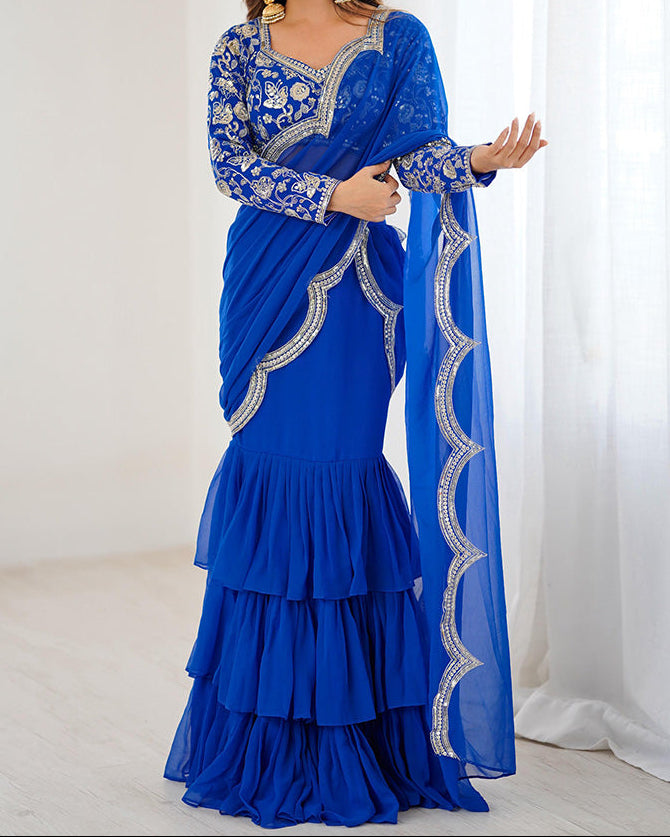 Viral Elegant Thread & Sequence Embroidery Ruffle Style Saree